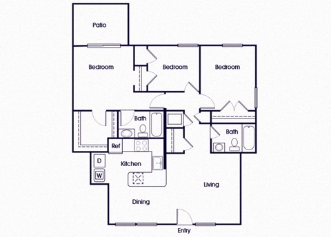 Three bedroom two bathroom floor plan image at Riverwoods at Towne Square in Woodbridge VA
